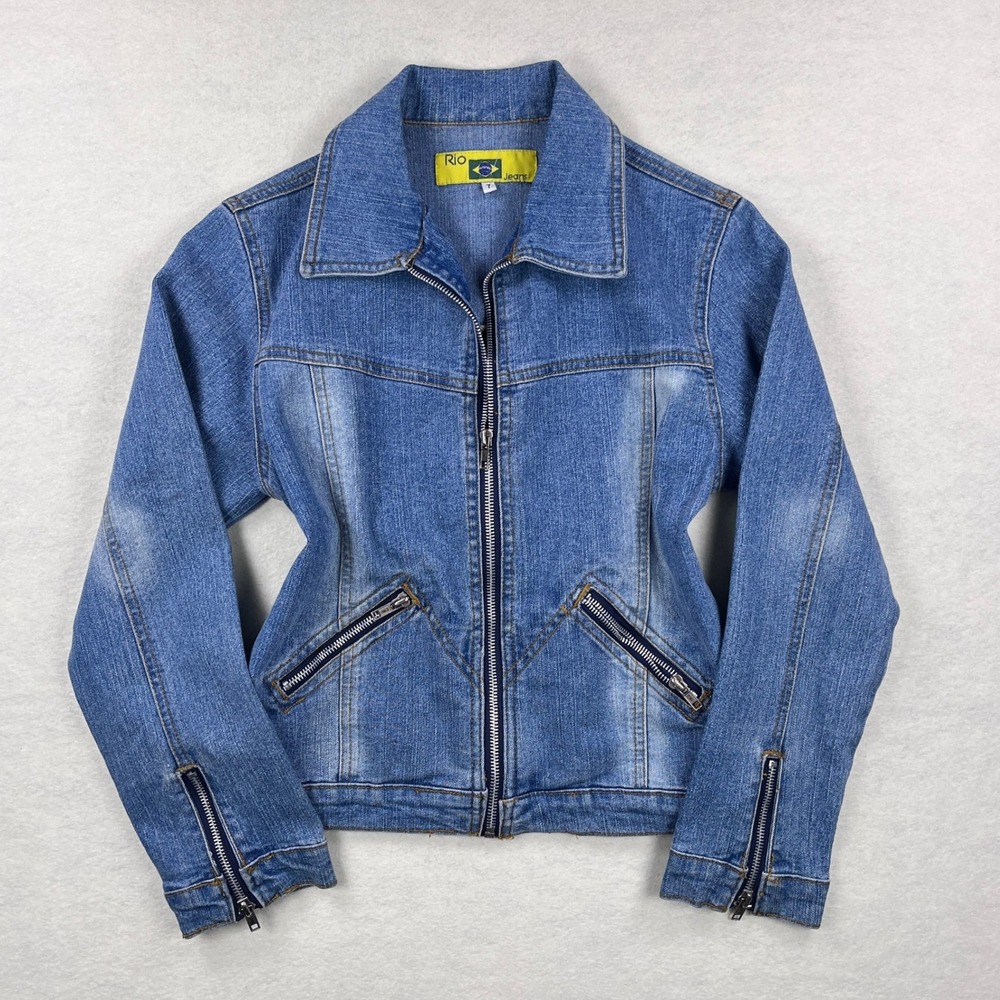 VTG Y2K Rio Jeans Womens Blue Zip Up Denim Moto Jacket Size 7 Faded Wash